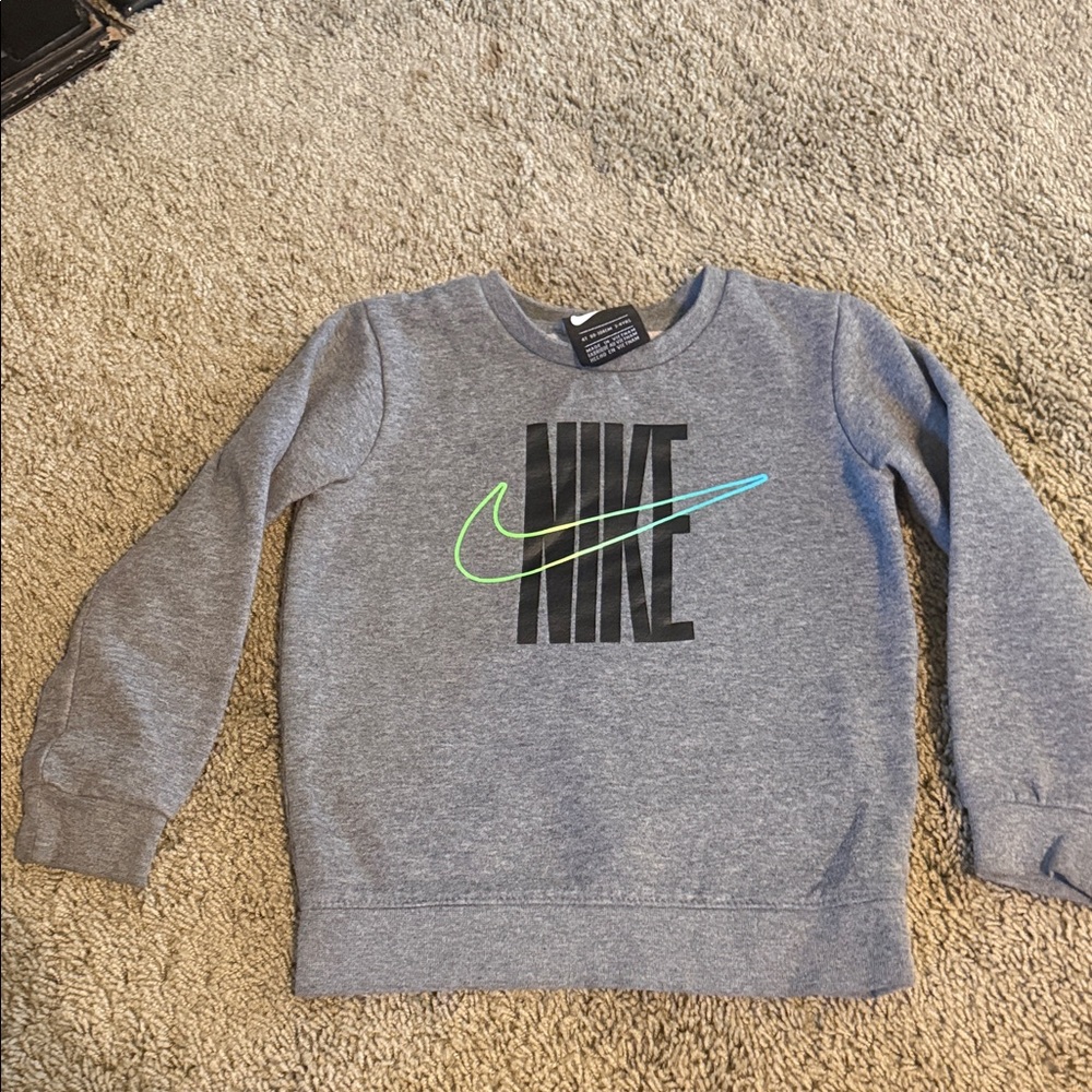 Nike Gray Crew Sweatshirt with Neon Green-to-Blue Swoosh